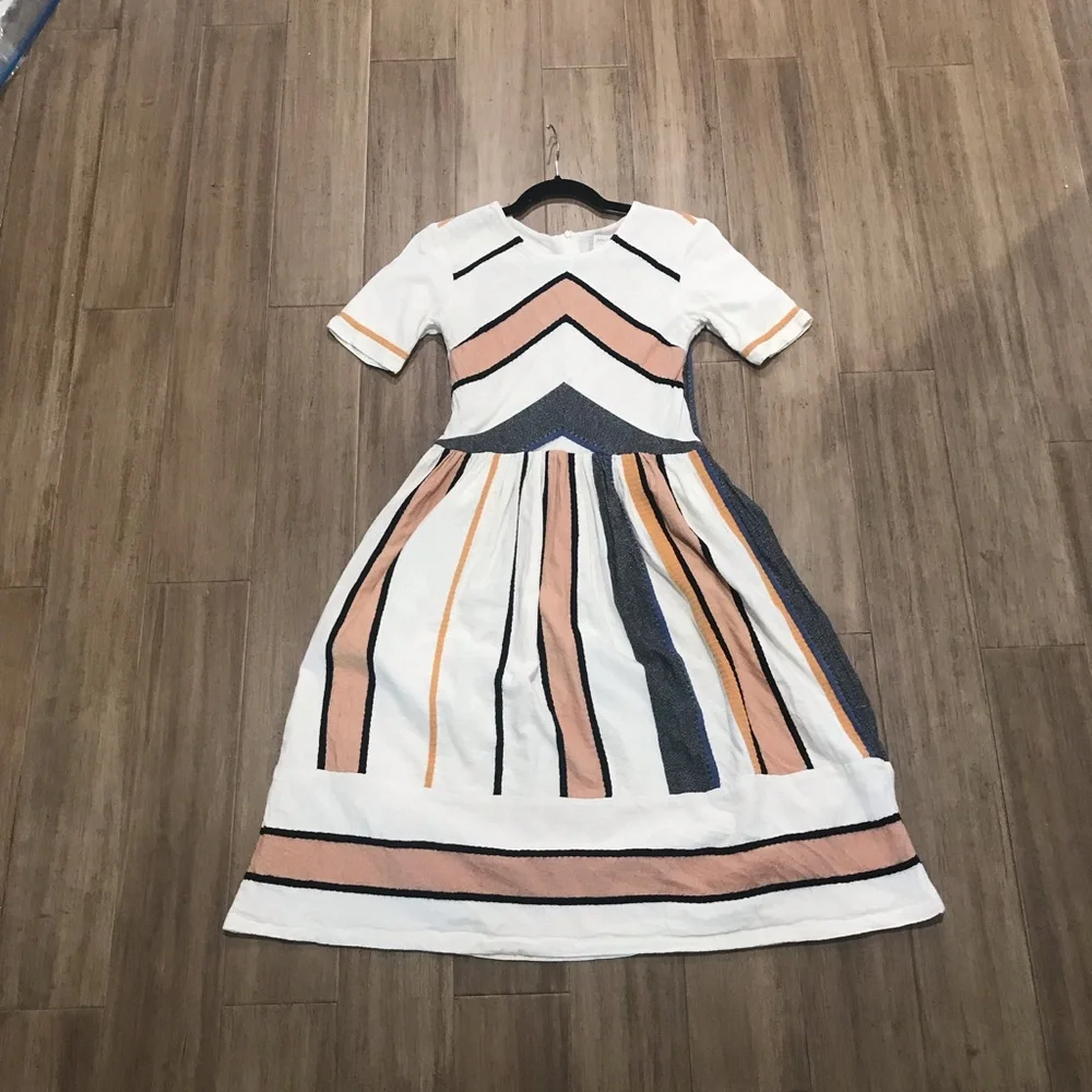 Striped Midi Dress in White, Pink, and Blue - Picture 1 of 3